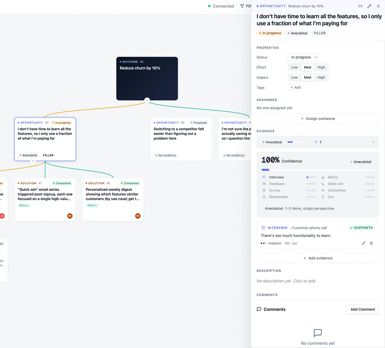 An opportunity node fly-out with linked evidence